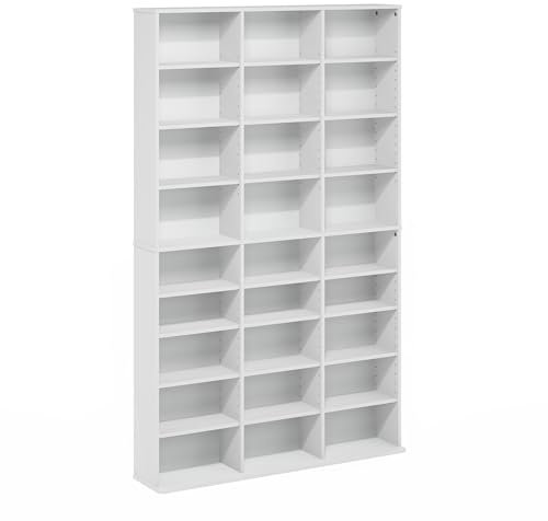 Furinno Jaya Multimedia-Medienspeicher-Tower-Rack mit 24 Regalen und verstellbaren Regalen, Weiß