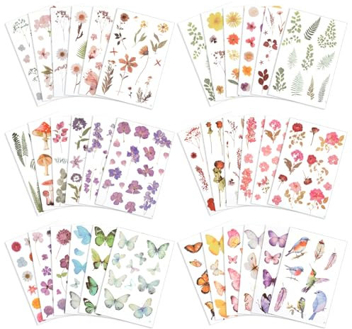 36 Blatt Scrapbook Stickers Blumen Schmetterlings Vögel Selbstklebende Fotoalbum Stickers Transparente PET Pflanzen Dekorative Aufkleber für Fotoalbum Journaling Scrapbooking DIY Zubehör