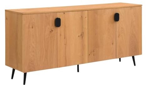 Vente-unique-Sideboard mit 4 Türen - Eichenfurnier & Stahl - Holzfarben hell & Schwarz - SINOLO