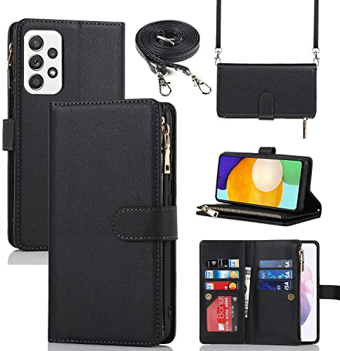 CAVOR Handykette Handyhülle Kompatibel mit Samsung Galaxy A52 5G Hülle Mit Band,Flip Leder Geldbörse Handyhülle,[9 Kartenfach][Mit Kette],Handytasche zum umhängen - Schwarz