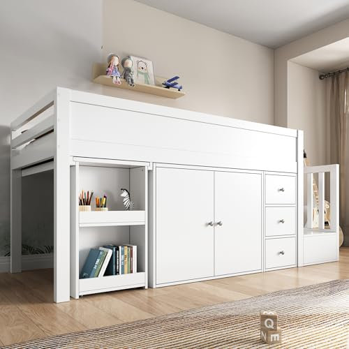 Cama alta para niños, 90 x 200 cm, multifunción, con escritorio extensible y compartimento lateral, con armario, sin colchón, MDF, color blanco