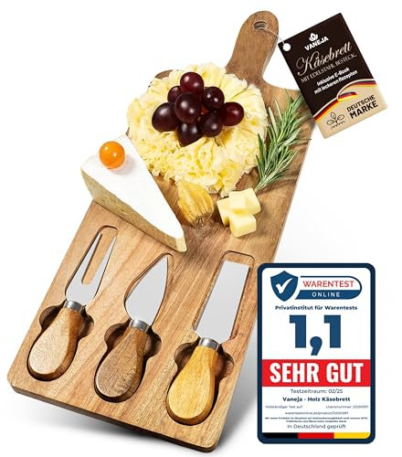 VANEJA Premium Käsebrett, Schneidebrett aus Holz, 42 x 15,5 x 1,5 cm, Käsebrett mit Messer Käseschaber Käseplatte aus Holz Holzplatte Käse Cheese board Set Charcuterie board inkl. kostenlosem e-book