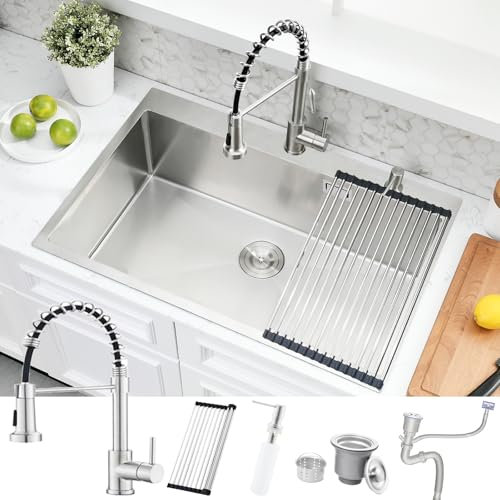 BoomHoze 75 x 45 CM Fregadero Cocina 1 Seno con Grifo Cocina Muelle, Fregadero Multifuncional Inox con Escurridor