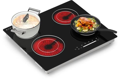 Borrallio Piano Cottura in Vetroceramica 60cm, 4 Zone Elettrico da Incasso 6300W, Comandi Touch, Timer e Blocco Bambini, Superficie in Vetro Nero, Collegamento Fisso