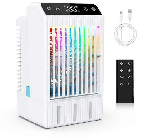 Klimaanlage Mobil, 5-in-1 Mobiles Klimagerät Mini Luftkühler mit Wasserkühlung & Fernbedienung, 4 Geschwindigkeiten & 2 Kühlnebel, 2-12H Timer & 3 LED Air Conditioner Portable für Zimmer,Büro,1000ML