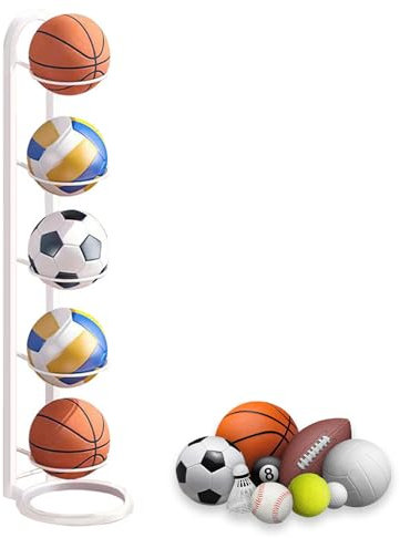 NUWIQ Ball Storage Rack, 5 Tier Ball Storage Rack, Football Stand, Vertical Ball,Ball Stand, for Storage of Basketballs, Footballs, Volleyballs, White