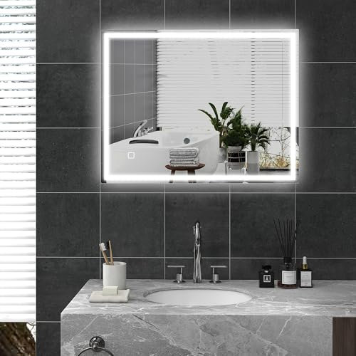 HOMCOM Badspiegel mit Beleuchtung 90x70 cm LED Spiegel Wandspiegel mit Memory-Funktion 3 Lichtfarben Beschlagfrei Lichtspiegel mit Touchschalter Silber