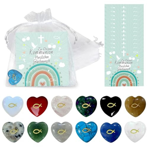 36 Stück Mitgebsel Kommunion Gastgeschenke, Kommunion Deko, Konfirmationdeko Junge Mädchen, Herz Glücksstein mit Fisch für Kinder Erwachsene, Glückwunschkarten für Kommunion, Taufe Deko Set
