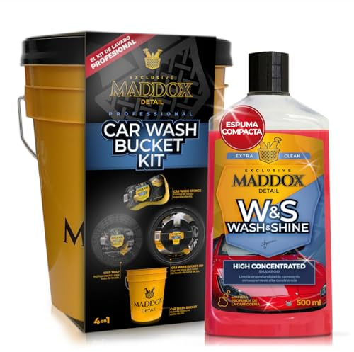 Maddox Detail - Kit completo di lavaggio per auto | Include shampoo Wash & Shine, secchio con coperchio, griglia e spugna | Schiuma attiva e lucentezza con cera