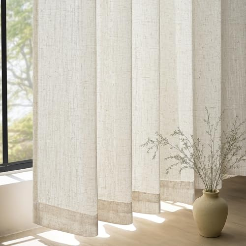 Topfinel Leinen Vorhänge Gardinen Kurz Küche Vorhang Halbtransparent Voile Vorhänge mit Kräuselband Hell Gardine Natural Vorhang Kinderzimmer 145x140cm 2er Set