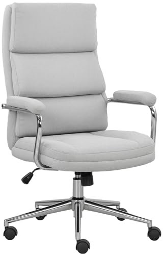 HOMCOM Fauteuil de Bureau, Chaise de Bureau Ergonomique avec Hauteur réglable, Fonction de Bascule, Tissu en Lin, Chaise d'ordinateur pour Chambre, télétravail, Charge 120 Kg, Gris Clair