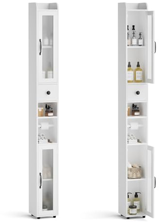 BonVache Badezimmerschrank, Bdschrank schmal mit Verstellbare Ablagen und Halter, Schmaler Hochschrank mit Glass Türen und Schublade, für Badezimmer, Wohnzimmer, Küche, kleine Räume, 20x20x180cm