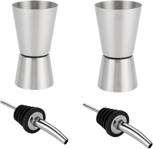 2 Stück Cocktail Messbecher Edelstahl, Doppelmass Jigger mit Skalierung, Dual Gin Messbecher für Bar Party Wein Drink Shaker, Barmass Set mit Flaschenausgießern,20/40 ml