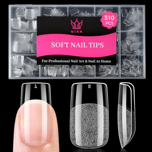 QIEK 510 Stück 15 Größen Nail Tips für Gelnägel Kurze Quadrat | Soft Gel Nageltips Full Cover, Pre-Shaped Press On Nails, Kein Feilen Erforderlich, Fake Nagel Tips für Home DIY Nageldesign