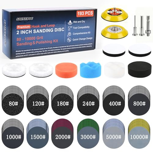 Shineboc 193pcs Sanding Discs Car Polishing Pads Kit for Drill, 50mm Wet and Dry Sandpaper 80-10000 Grits, Car Headlight Restoration Kit, Drill Sanding Attachments Buffing Pads