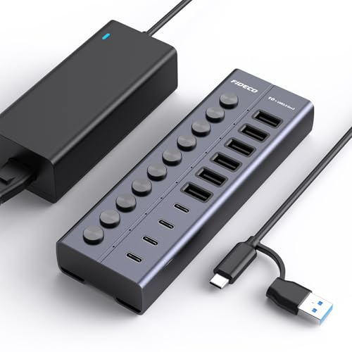 FIDECO Hub USB Alimentado 60W 10 Puertos 10Gbps Splitter USB con Adaptador de Alimentación 12V 5A Adaptador Multipuerto USB 3.2 Gen 2 de Aluminio, Admite Carga BC1.2