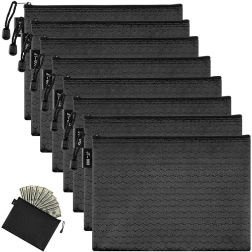 8 Stück Geldtaschen A5 (24 x 18 cm) – Wasserdichte Banktasche mit Reißverschluss, Dokumententasche Schwarz für Haushalt, Business, Schule (Schwarz)