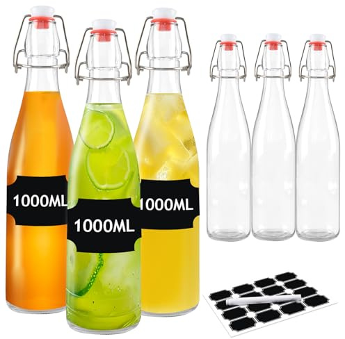 DZAEMOSIIE Paquete de 6 botellas de vidrio con tapa abatible de 1000 ml, botellas de vidrio herméticas con tapa abatible, para elaboración casera, aceite, kombucha, vinagre, cerveza, vino, sidra