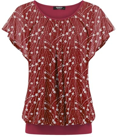 Zeagoo Damblus, Batwing blus, skjortor, kortärmad tunika, topp, nättoppar, Röda blommor 140, M