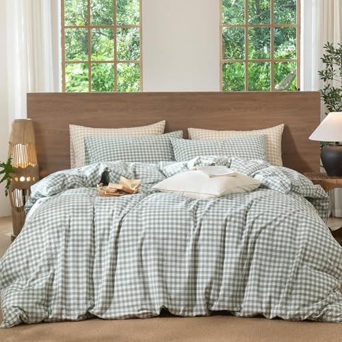 Lanqinglv Vichy Housse de Couette 220x240 Vert à Carreaux Parure de lit Adulte 2 Personnes en Microfibre Classique Housses de Couettes avec Fermeture Éclair et 2 Taies d'oreiller 65x65cm