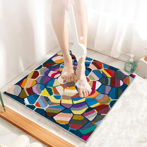 Grand Tapis de Douche, 90x90cm, en Luffa en PVC pour Salle de Bain, Baignoire, Tapis de Sol Antidérapant en Luffa à l'intérieur, Séchage Rapide, Bleu Violet Orange