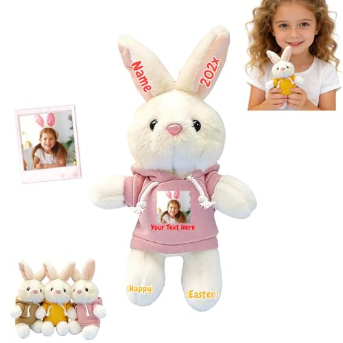 FAHOXUMR Personalisierter Kleiner Plüschhase Mit Foto Name 12cm, Individuelles Kleiner Hasen Kuscheltier Small Easter Bunny Als Personalisierte Erste Ostergeschenke Für Babys Kinder Und Erwachsene