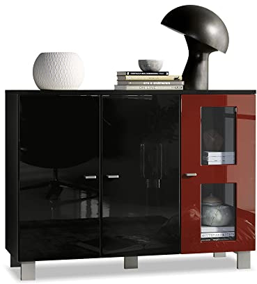 Vladon Sideboard Denjo, Made in Germany, Kommode mit 3 Türen, Schwarz matt/Schwarz Hochglanz/Bordeaux Hochglanz (107 x 81 x 35 cm)