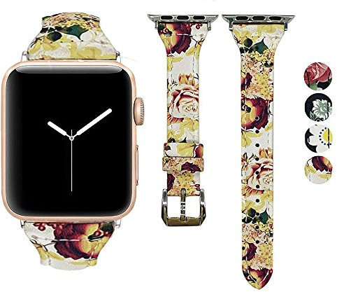 DEALELE Compatible for Watch Band 38mm 42mm 40mm 44mm, Exquisite Painted Genuine Leather Replacement Strap for Apple Watch Series 4/3 / 2/1 Women Men (Yellow flower, 42/44mm)