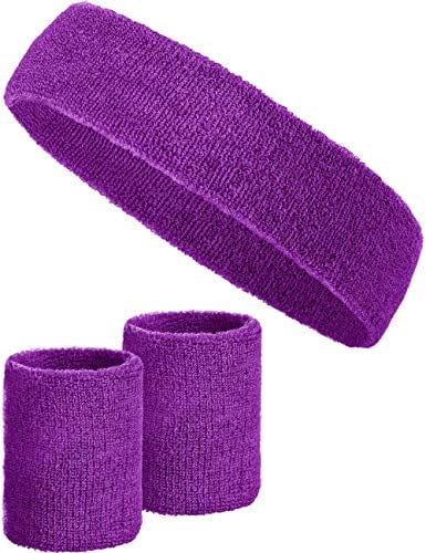3-teiliges Schweißband-Set mit 2X Schweißbändern für die Handgelenke + 1x Stirnband für Damen & Herren (Lila)