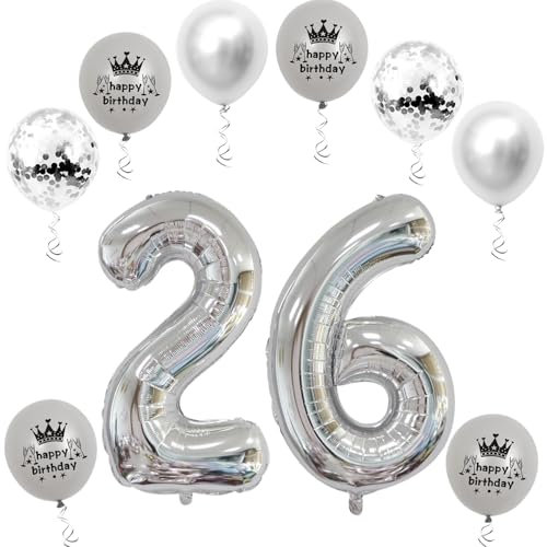 XL Folienballon 26 Geburtstag, Folienballon Zahl 26, Zahl 26 Silber, Luftballons Zahl 26, Nummer 26 Luftballon Silber, 32 Geburtstagsdeko Ballon 26