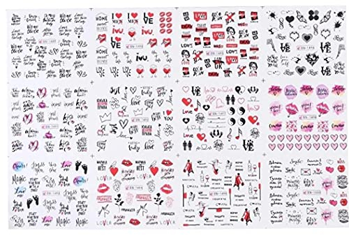 PiniceCore 12 Blatt Nail Art Aufkleber Wort Herz Buchstaben Wassertransfer Decals Set Slider Dekorationen