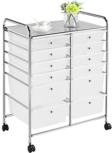 costoffs 12 Drawers Salon Trolley Plastic Storage Unit, Multipurpose Rolling Cart, for Home Office Stationery Organisation, Crafts, Make-up, Hairdressing, Beauty, Mobile Design, White