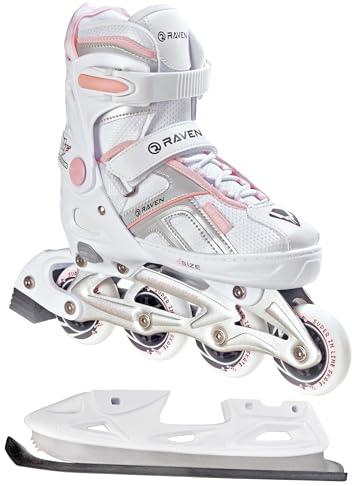 Raven Pulse Inline Skates Inliner für Kinder und Erwachsene OPTIONAL 2in1 mit Schlittschuhen verstellbar (White/Pink mit Kufen, 40-43 (25,5-28cm))