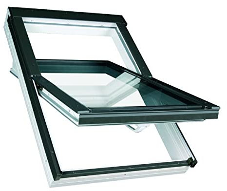 Kunststoff Dachfenster 94x140 cm OptiLight PVC THERMO von FAKRO Konzern | mit 2-fach Verglasung, Lüftungsblende und Eindeckrahmen für Ziegel | Schwingfenster von FAKRO Gruppe
