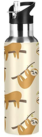 Vnurnrn Lindo Regalo De Dibujos Animados Perezoso Botella de Agua Deportiva con Pajita Acero Inoxidable, 600ML Botellas Termica Sin BPA para Niños Deporte Gimnasio Ciclismo Escuela