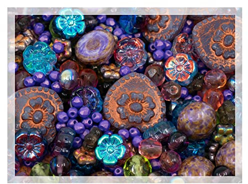 2.1oz (60 g) Mix of Unique Czech Bohemia Glass Pressed Beads, Crazy Purple Green Copper, Table Cut, Matte and Glossy, Faceted Fire Polish, Hand Made Set Kit BCV