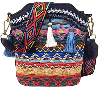 Niooce Damen Boho-Tasche Crossbody Tasche/Bag Stickerei Ethnische Frauen Geschenke, Schwarz