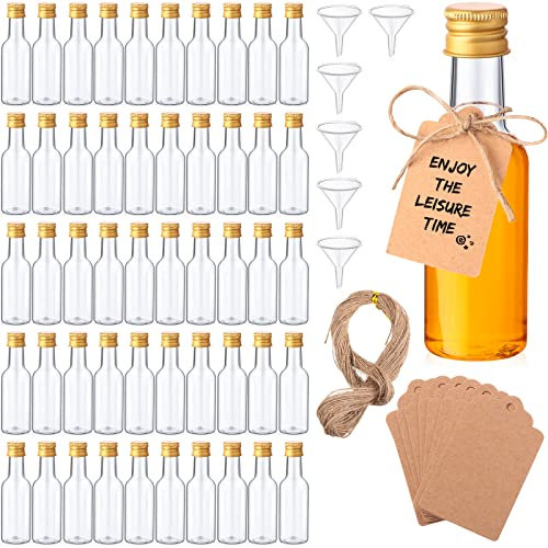 100 Pcs Mini Liquor Bottles Set, 1.7oz Mini Empty Plastic Alcohol Shot Bottles, Airtight Spirit Bottle with Caps, 6 Pcs Funnels, 100 Pcs Kraft Tags and 65 ft Rope for Party Wedding (Gold Caps)