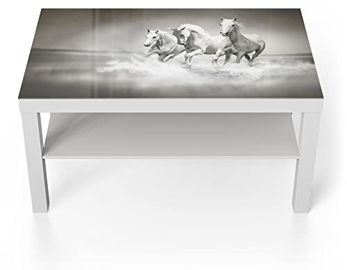 DEQORI Glastisch | weiß groß 90x50 cm | Motiv Weiße Araber im Wasser | ausgefallener Beistelltisch aus Glas | Hochglanz Couchtisch fürs Wohnzimmer | moderner Couch Tisch mit Design