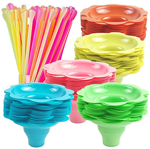 150PCS Colorful Flower Snow Cone Cups with 150PCS Cone Spoon Straws, Plastic Snow Cone Bowls , Plastic Shaved Ice Drip Cups Snack Ice Cream Bowls for Holiday Party Summer Cookout Kids Birthday (4OZ)