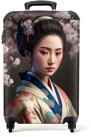 NoBoringSuitcases.com® Koffer Handgepäck Trolley Rollkoffer Kleine Reisekoffer mit 4 Rollen - Frau - Sakura - Kimono - Asiatisch - Porträt - 55x35x20cm - Fotokoffer - Kabinenkoffer - Boardgepäck