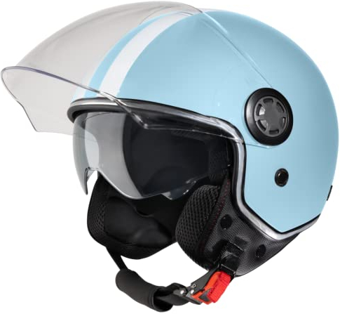VINZ Parchi Jethelm mit Doppelvisier | Roller Helm Fashionhelm mit Streifen | In Gr. XS-XXL | Jet Helm mit Sonnenblende | ECE 22.06 Zertifiziert | Motorradhelm mit Visier - Hellblau