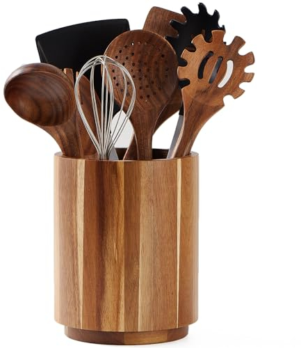 LOHONER Porte-ustensiles de cuisine en acacia pour plan de travail de cuisine, rotation à 360°, pot à ustensiles de cuisine en bois de 18,3 cm, décoration de cuisine de ferme