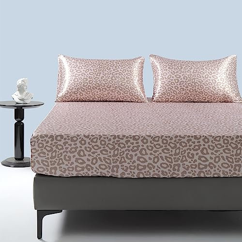 Satin Spannbettlaken 180x200cm Rosa Pink Leopardenmuster Glänzend Seide Boxspringbett Bettlaken Altrosa Spannbetttuch 180 x 200 Leopard Druck Spannbetttücher Leintuch für Hohe Matratze bis 25-30 cm