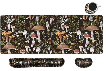 MIBITRI Keyboard Mouse Pad Set, Extended Gaming Mouse Pad+Ergonomics Keyboard Wrist Rest Support, Memory Foam, Easy Typing Pain Relief, 3Pcs XXL Ultra Thick Desk Mat, Cute Mushroom