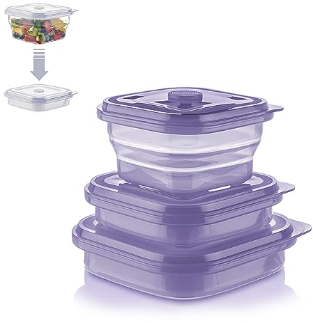 KLIPPSI® Lunchbox faltbar 3er Set- Brotdosen Frischhaltedosen aus Platin Silikon hitze-kältebeständig, auslaufsicher, spülmaschinengeeignet (pflaume)