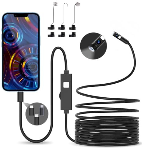 AOPICK Double Lentille Endoscope Caméra Endoscopique 5M - 1080P 3 en 1 USB Endoscope Caméra d'inspection, IP67 Étanche avec 8+1 Lumières LED Sonde de 7,9 mm pour Android, iPhone (No WiFi)