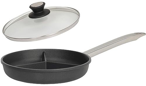 SKK große 2-tlg. Aluguss Pfanne Ø 28 cm - Induktion - 3-geteilte Antihaft Gusspfanne ideal zum Braten dreierlei Speisen & Deckel - Made in Germany