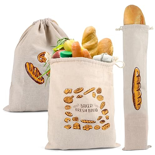 3 Pièce Sac à Pain réutilisables Sac a Pain Tissu pour Meuble de Cuisine Sac a Pain avec Cordon de Serrage pour Pain, Fruits, légumes - 2 pièces de 31 x 38 cm et 1 pièce de 16 x 64 cm