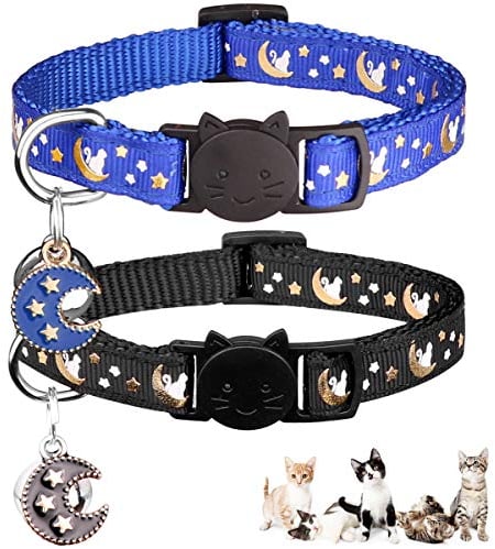 Katzenhalsbänder mit Trennverschluss, für Jungen und Mädchen, verstellbar, mit Glöckchen, Schwarz + Blau, 20,3 cm - 33,3 cm, 2 Stück